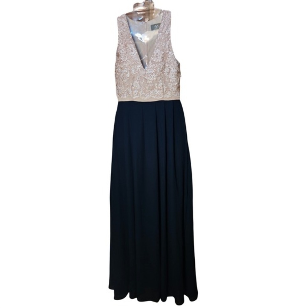 AX Paris Navy Blue Blush Pink Lace Bodice Sleeveless V-Neck Formal Maxi Dress 8